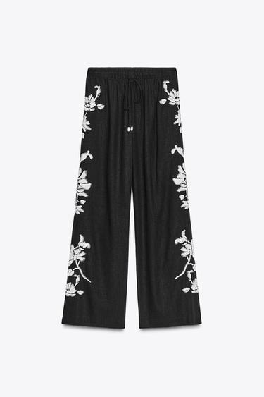 Zara BEADED EMBROIDERED PANTS ZW COLLECTION - Black / White
