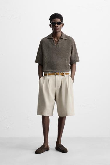 Zara OPEN KNIT POLO SHIRT - Ecru / Brown - Image 0