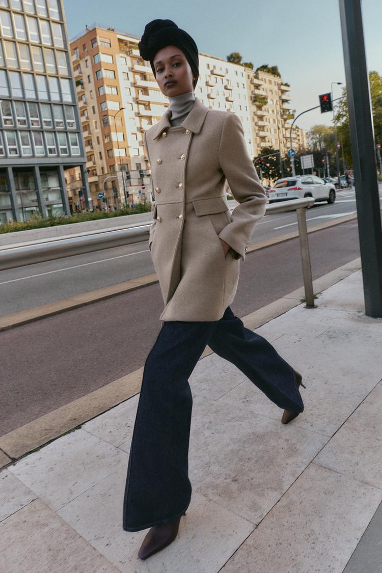 MANTEAU COURT CROISÉ AVEC LAINE Vison clair ZARA France