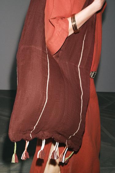 FRINGED LINEN BLEND SCARF BAG - Brown by Zara - Image 1