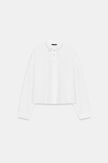 Zara POPLIN SHIRT WITH JEWEL BEADS - White