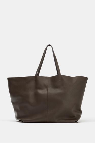LEATHER MAXI TOTE BAG - Brown by Zara