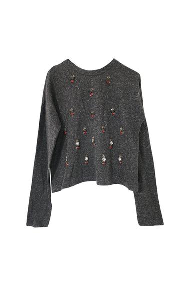GREY JEWELED LONG SLEEVE SWEATER