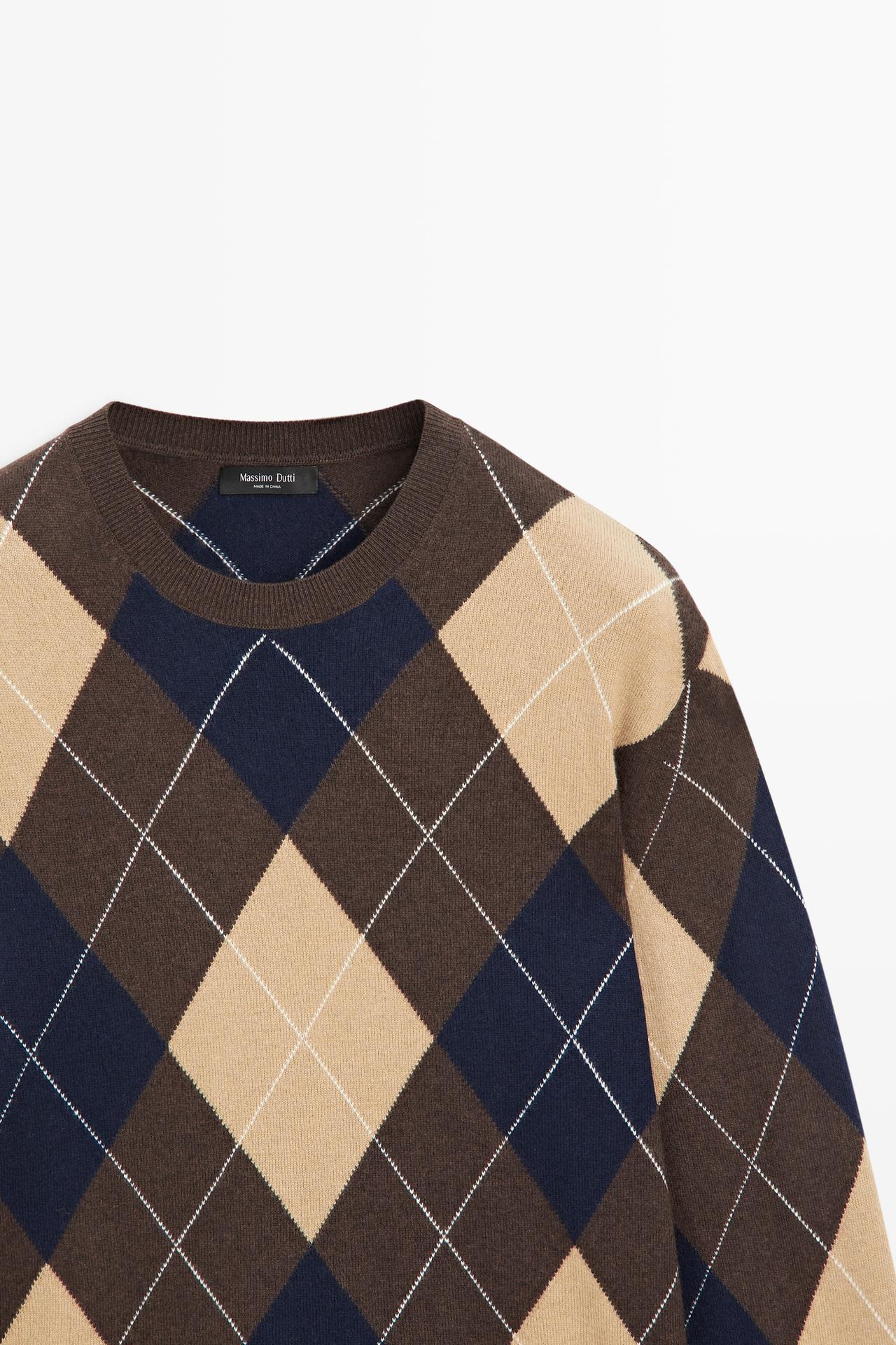 Wool-blend Argyle knit sweater — Brown marl