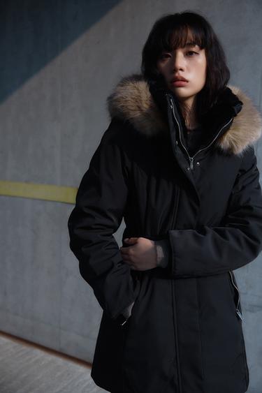 WATER AND WIND PROTECTION 페이크 퍼 후드 패딩 아노락 - Zara 블랙