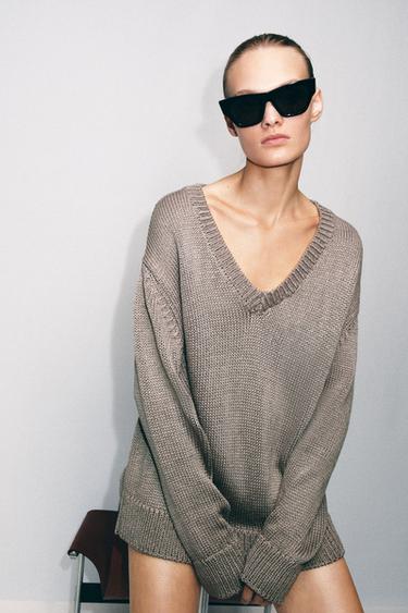 Zara CHUNKY KNIT V-NECK JUMPER - Taupe gray