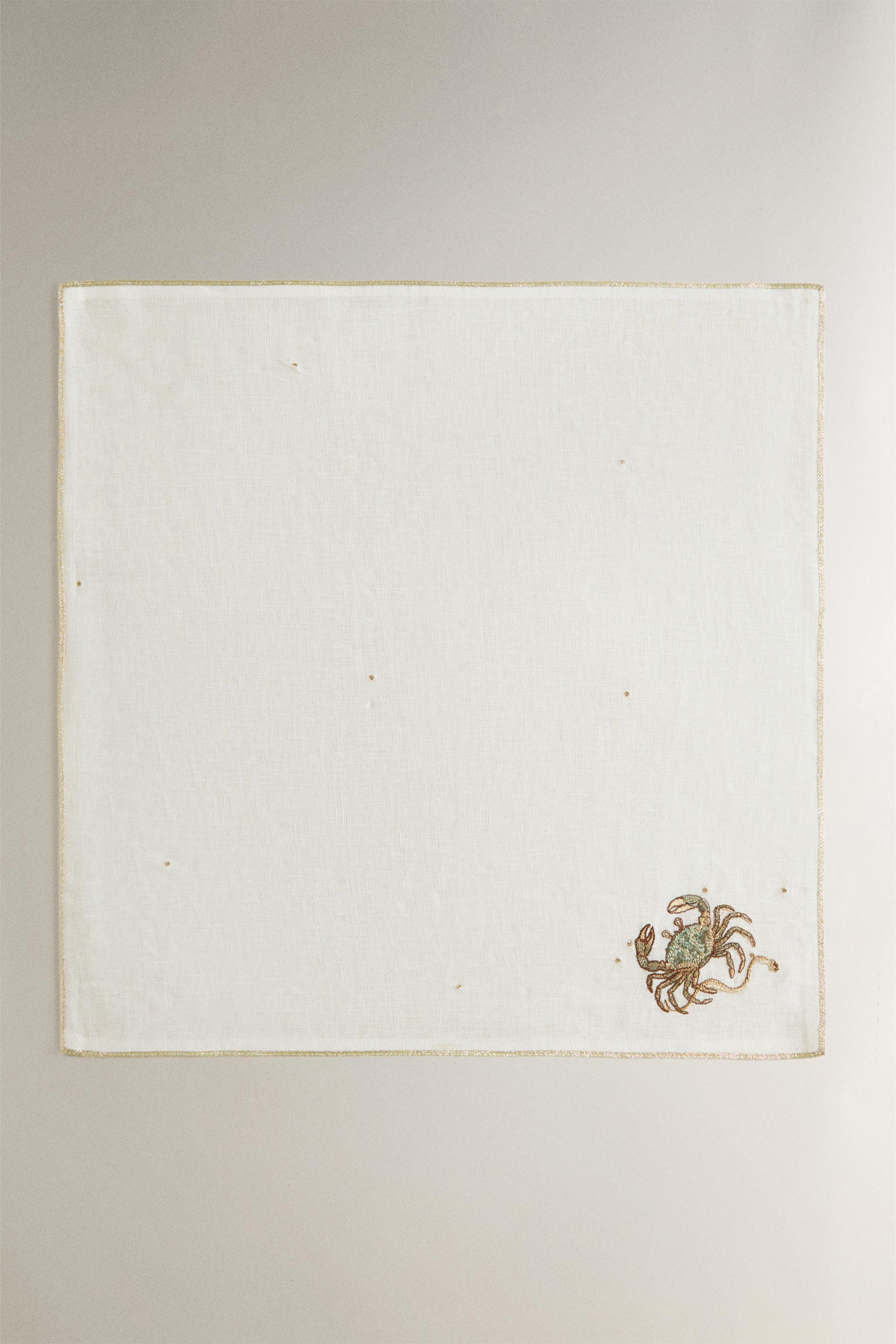 LINEN EMBROIDERED CANCER NAPKIN | MARISA BERENSON — Ecru