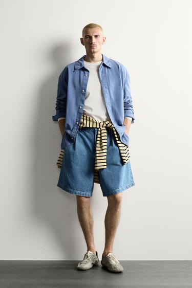RELAXED FIT DENIM CHINO BERMUDA SHORTS WITH PLEATS - Blue by Zara - Image 0