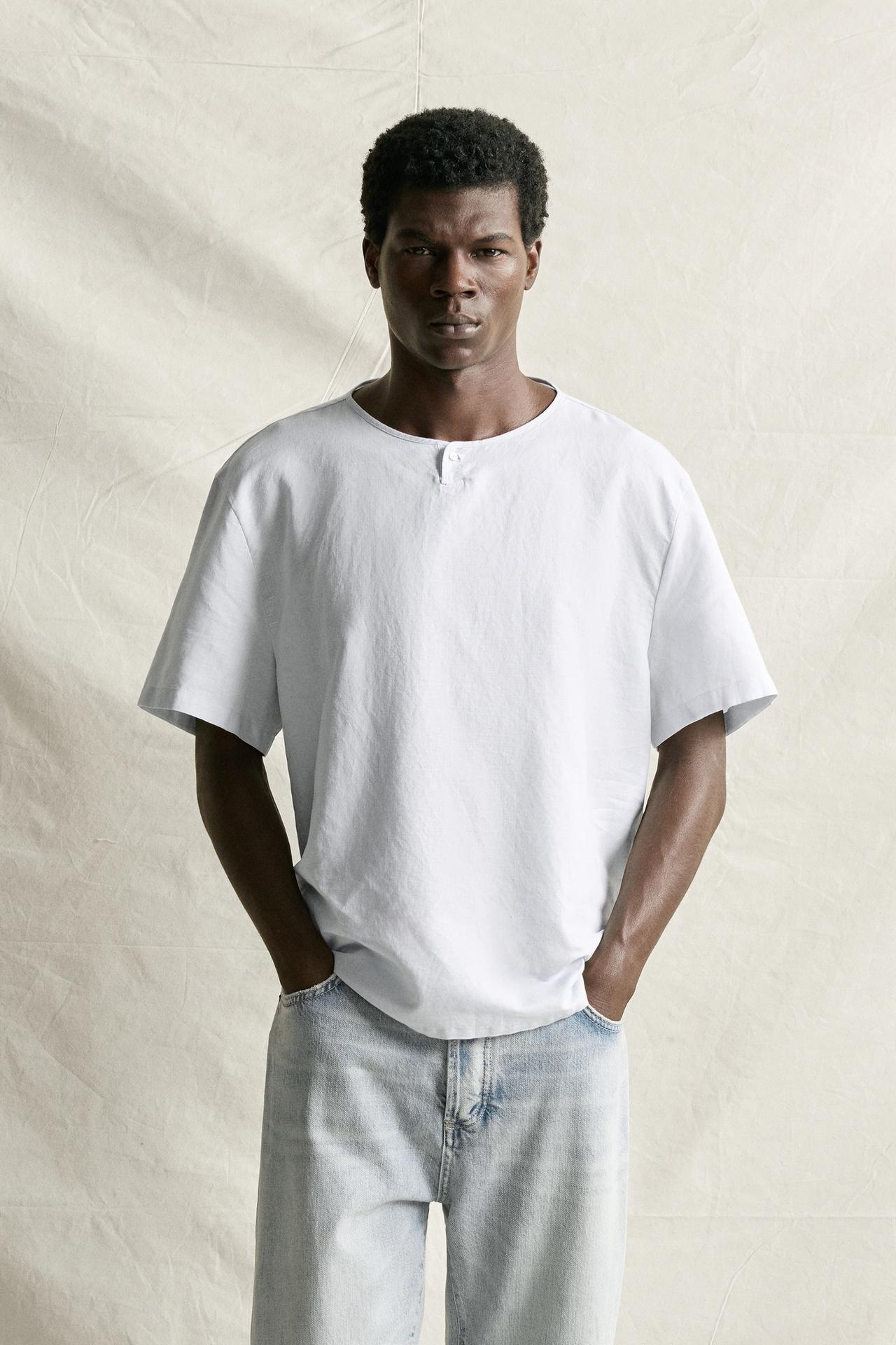 HEMP AND COTTON HENLEY SHIRT — Light sky blue