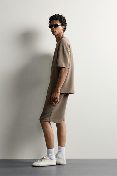 Zara INTERLOCK RELAXED FIT JOGGER BERMUDA SHORTS - Brown