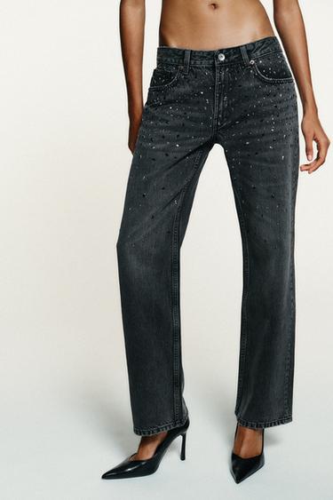 TRF LOW-RISE RHINESTONE STRAIGHT JEANS - Black by Zara