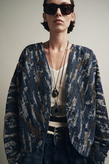 BEADED DENIM-EFFECT QUILTED KIMONO - Blue by Zara - Image 1