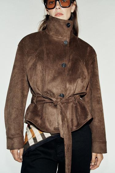 FAUX SUEDE BELTED JACKET — Dark brown 1