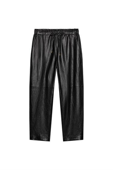 LEATHER EFFECT TROUSERS WITH ELASTICATED WAIST - Black by Zara