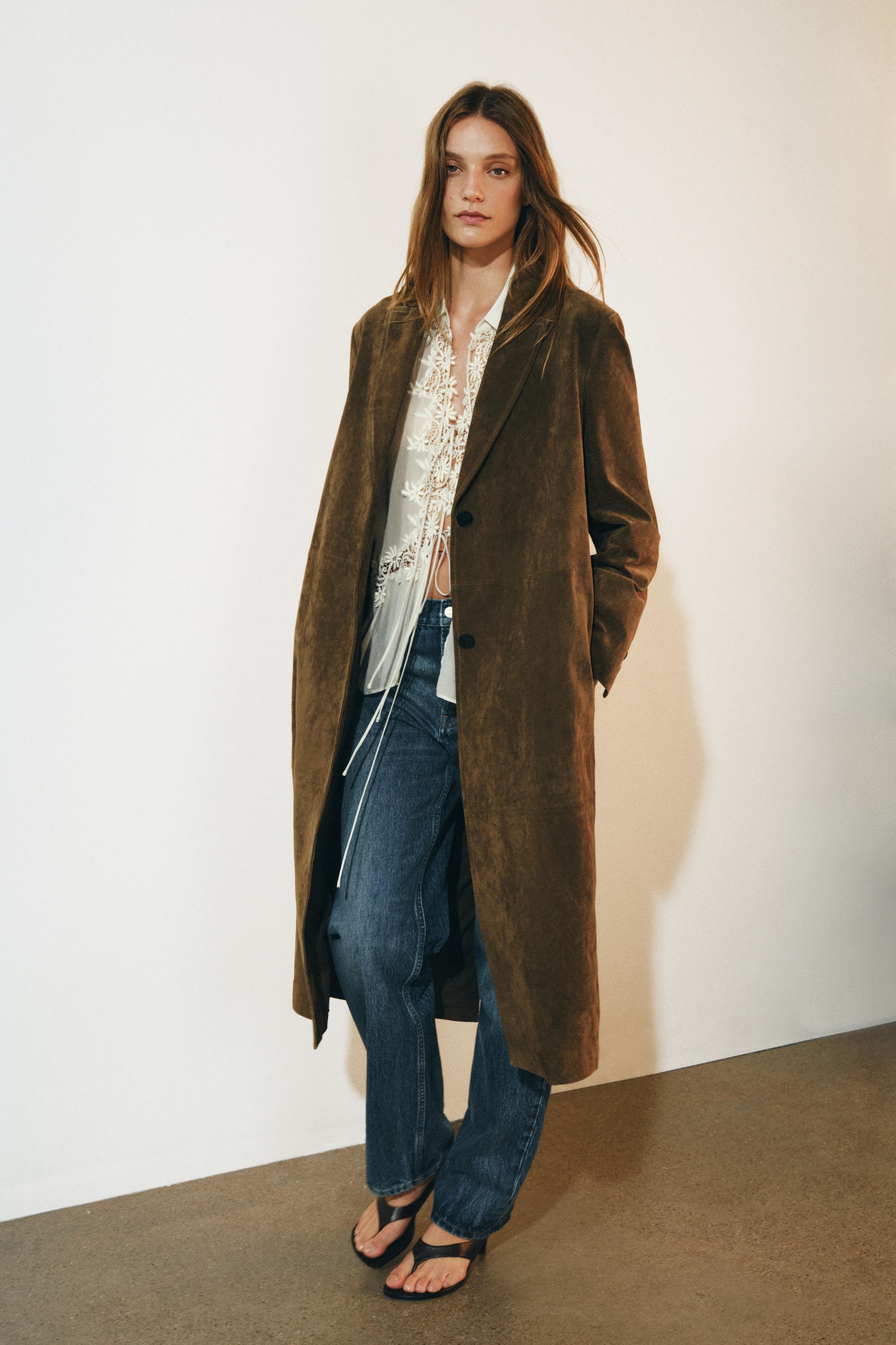 100% LEATHER LONG COAT ZW COLLECTION — Olive green
