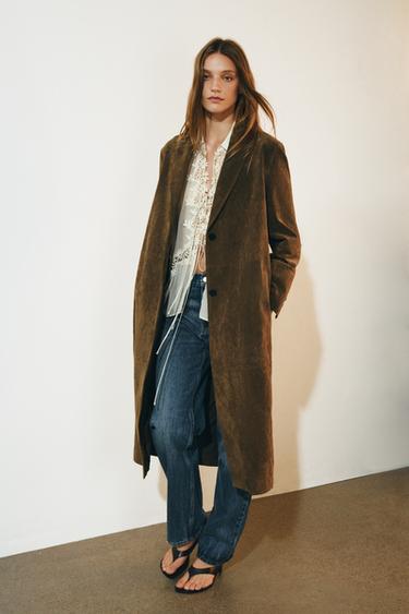 Zara 100% LEATHER LONG COAT ZW COLLECTION - Olive green