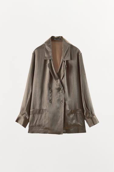 Zara STRIPED PAJAMA SHIRT - taupe brown