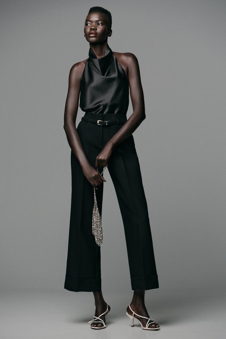 PANTALON BAS AVEC REVERS ET CEINTURE Noir ZARA France