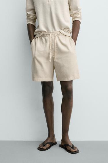 Zara 標準版紋理短褲 - 淺米色