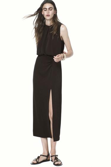GATHERED WAIST MIDI DRESS - Brown by Zara