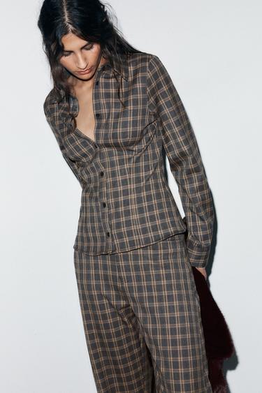Zara FITTED PLAID SHIRT - Gray / Tan