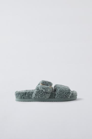 Zara FAUX SHEARLING BUCKLED SLIPPERS - Blue - Image 0