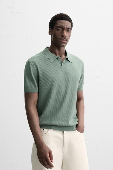 Zara RIB KNIT POLO SHIRT - Blue green