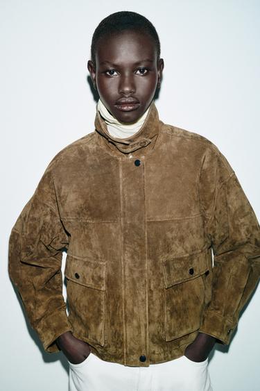 Zara 100% LEATHER BOMBER JACKET - Khaki