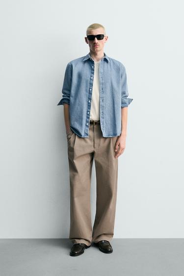 REGULAR FIT WASHED DENIM SHIRT - Pastel blue by Zara