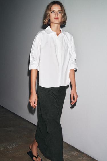 Zara ZW COLLECTION PLEATED BALLOON SLEEVE SHIRT - White