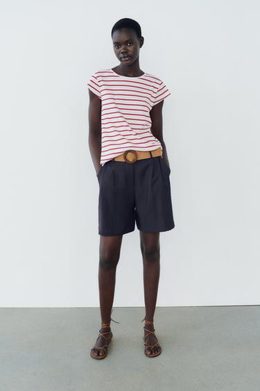 SHORT SLEEVE COTTON T-SHIRT - Red Stripe by Zara