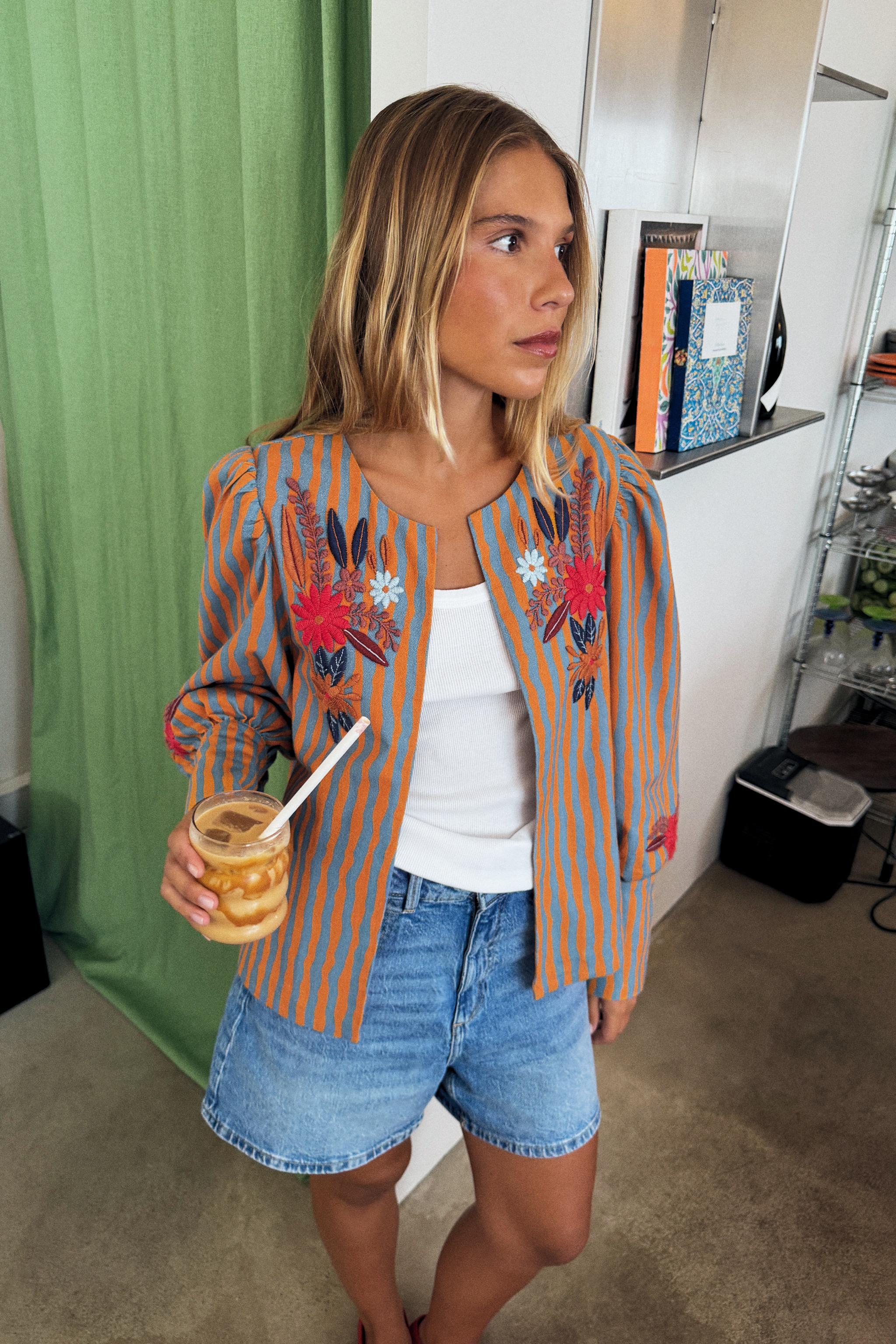 STRIPED FLORAL EMBROIDERY JACKET