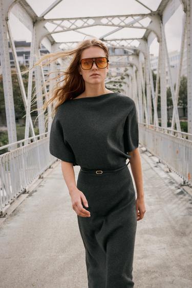 Zara BELTED KNIT MIDI DRESS - Dark gray