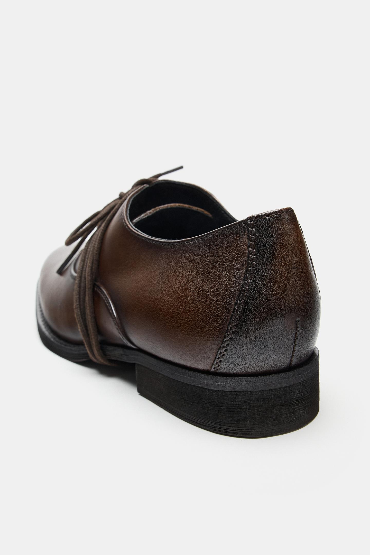 Женские туфли Zara Leather Lace-Up Blucher, цвет: Коричневый — фото 6