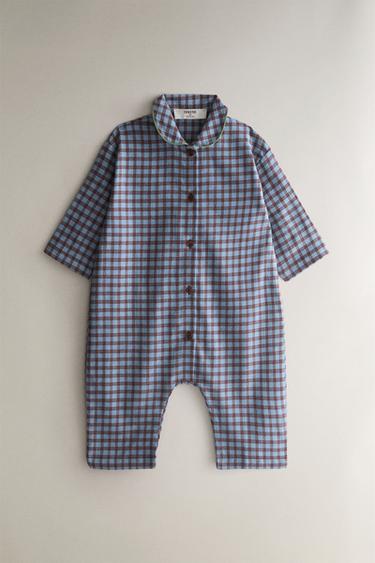 Zara KIDS' PLAID FLANNEL FOOTED ROMPER - Blue - Image 0