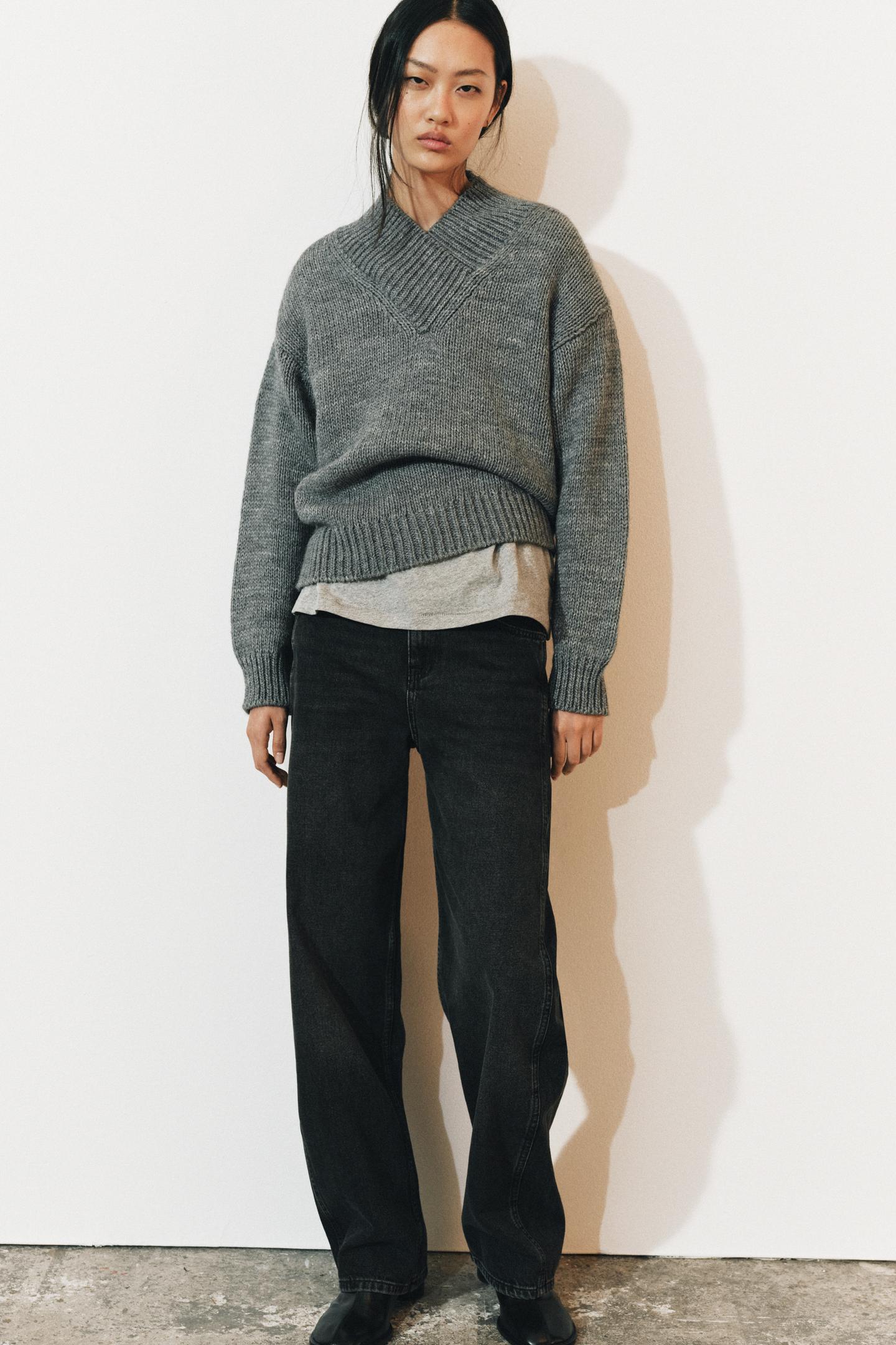 Женский свитер Zara V-NECK Knit, цвет: Антрацитовый серый — фото 5