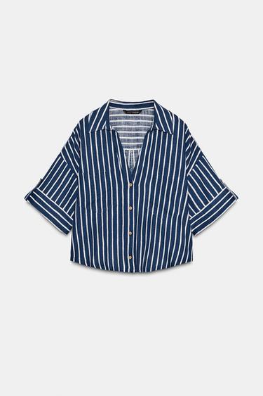 STRIPED LINEN SHIRT - Blue/White by Zara