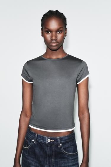 CONTRAST PIPING T-SHIRT - Charcoal grey by Zara