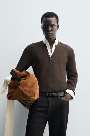 LIGHTWEIGHT GRANDAD COLLAR JUMPER - Brown by Zara