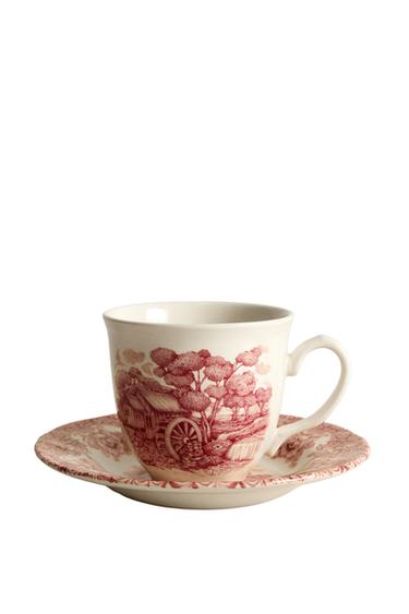 TASSE À THÉ ET SOUCOUPE FAÏENCE FLEURS ET PAYSAGE - Bordeaux de Zara