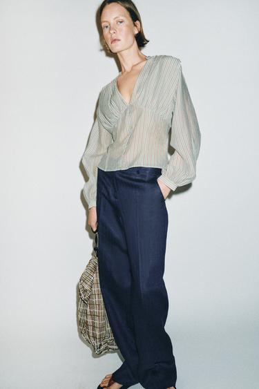 STRIPED SHIRT WITH FITTED WAIST - white/turquoise by Zara - Image 3