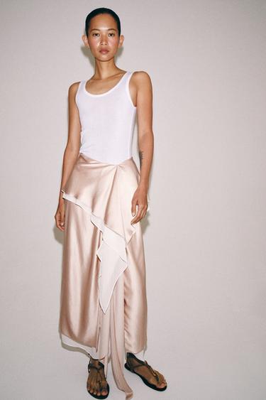 Zara ZW COLLECTION FLOWY SATIN EFFECT SKIRT - Beige-pink