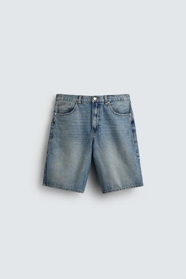 Zara BAGGY FIT DENIM SHORTS - Blue