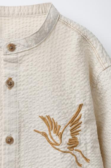 Zara EMBROIDERED BIRD SEERSUCKER MANDARIN COLLAR SHIRT - Ecru - Image 0