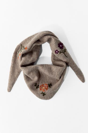 Zara KNIT FLORAL EMBROIDERED BANDANA - taupe brown
