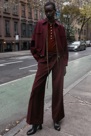 Zara HIGH-WAISTED WIDE LEG PANTS - Burgundy