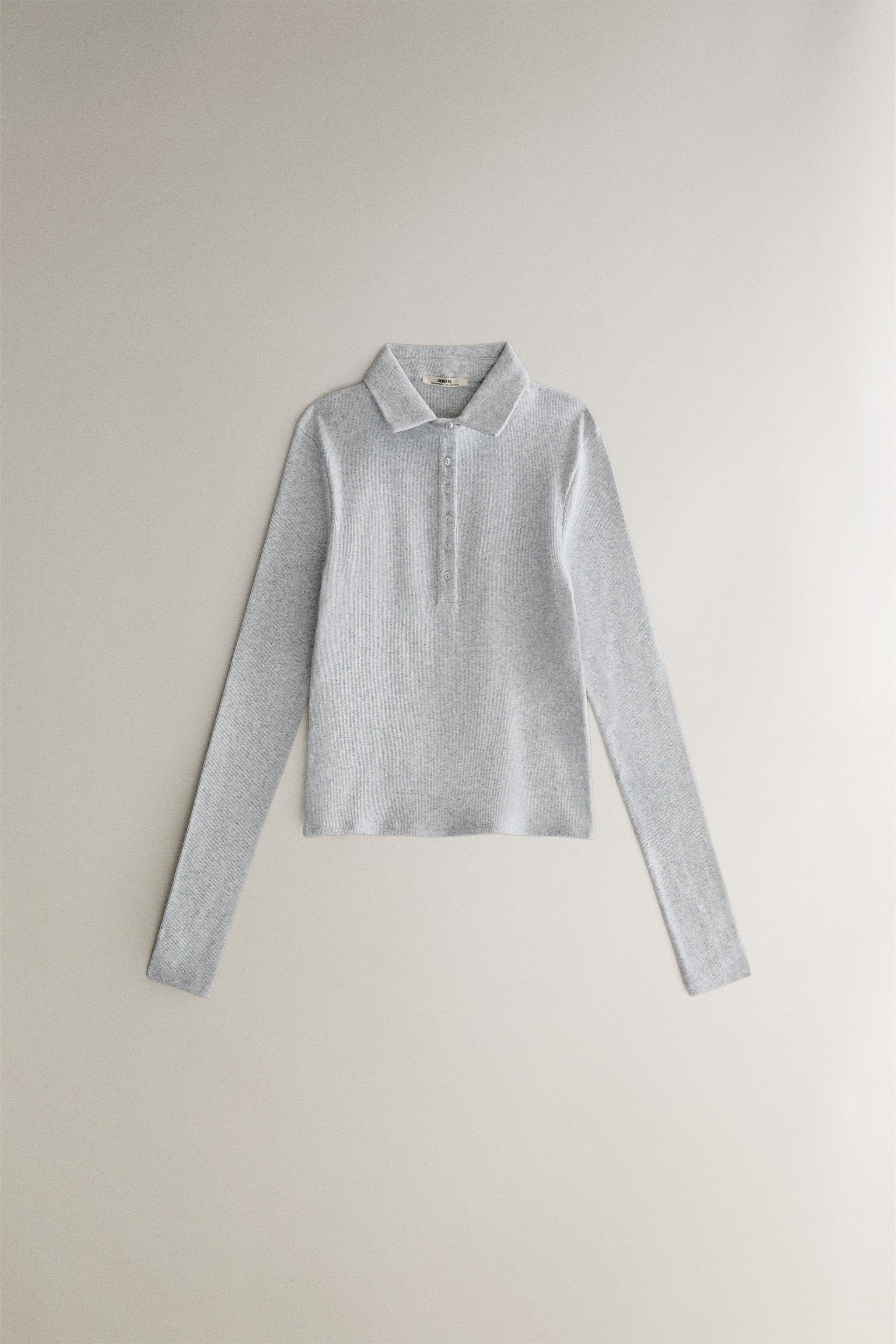 ZARA コンビニットポロシャツ ライトグレー ZARA】コンビニットポロシャツトップ ライトグレ-3581/004/811