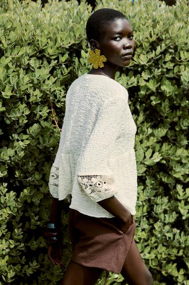 CROCHET COMBINED BLOUSE - Light beige by Zara - Image 3