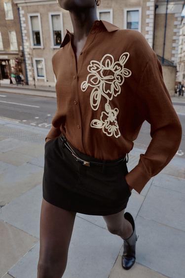 CHEMISE FLEUR STRUCTURÉE - Marron de Zara - Image 3