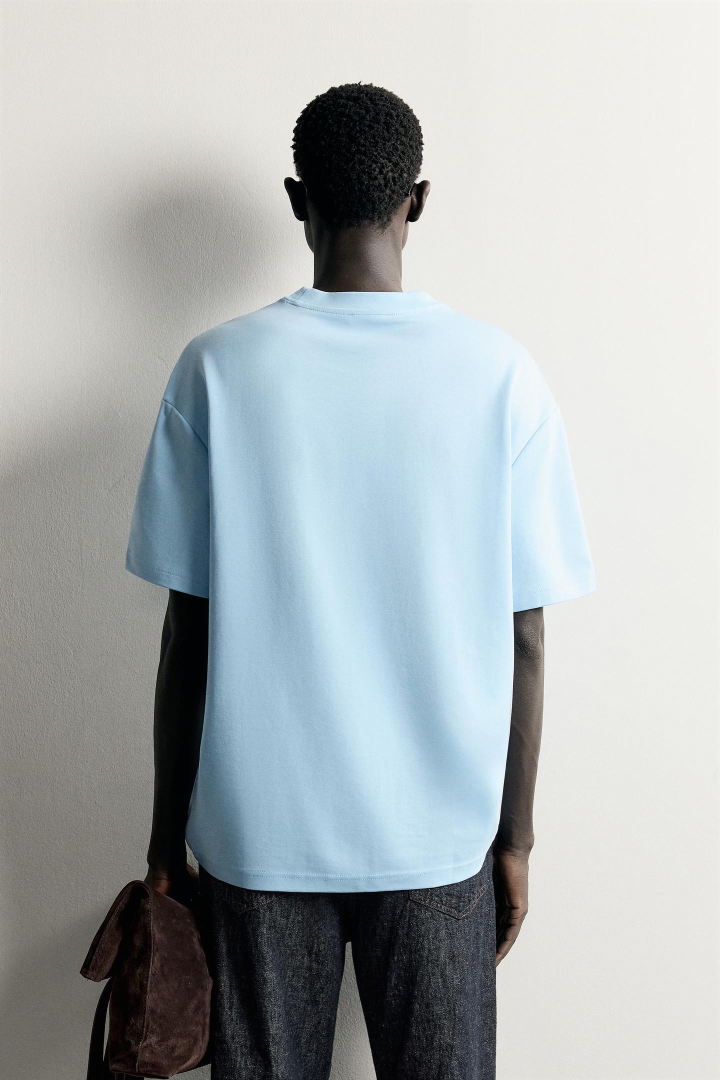 Мужская футболка Zara Relaxed Fit Contrast Patch, цвет: Светлый синий — фото 3